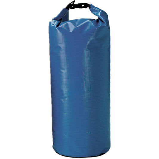 Blue waterproof dry bag with roll-top closure and adjustable shoulder strap for scuba diving gear storage