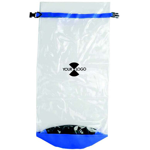 Clear waterproof pouch with blue trim and adjustable waist belt, featuring transparent window for underwater use