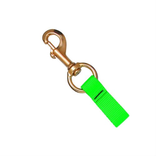 Innovate Scuba Concepts 4.25-inch brass bolt snap hook with bright green webbing strap and swivel attachment