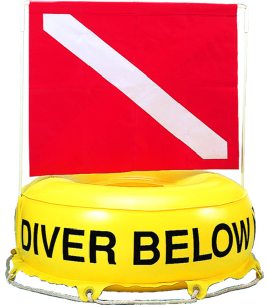 Innovate Scuba Concepts "Diver Below" warning buoy with red dive flag and bright yellow inflatable base for surface diving safety alerts