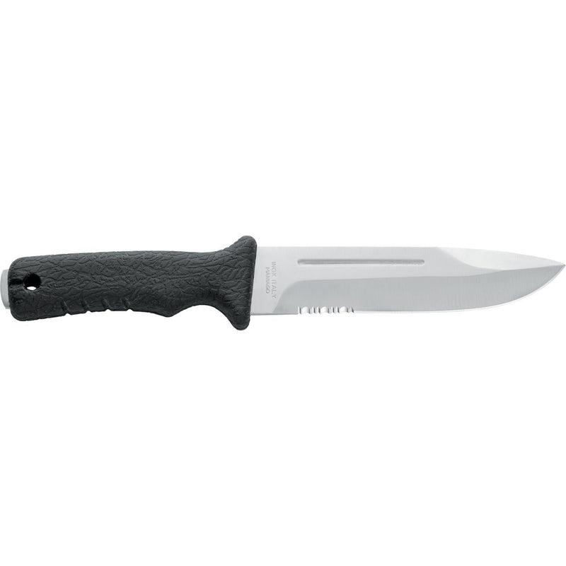 MAC Coltellerie tactical knife with black textured grip handle and stainless steel blade with integrated finger guard