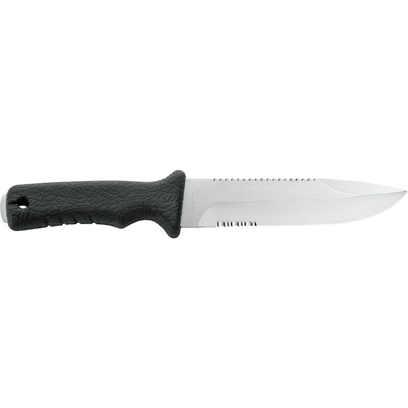 MAC Coltellerie tactical knife with black grip handle showing serrated spine edge on stainless steel blade