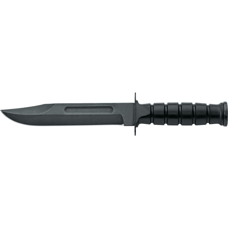 MAC Coltellerie Model 691 tactical knife with grooved black handle and dark coated blade