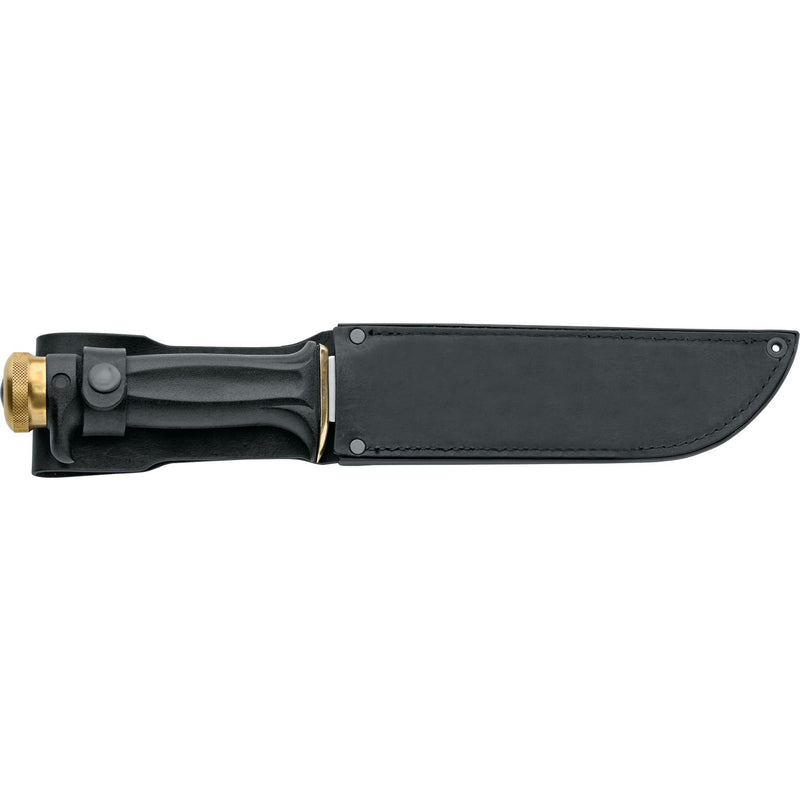 Complete MAC Coltellerie survival knife with black leather sheath showing belt attachment system