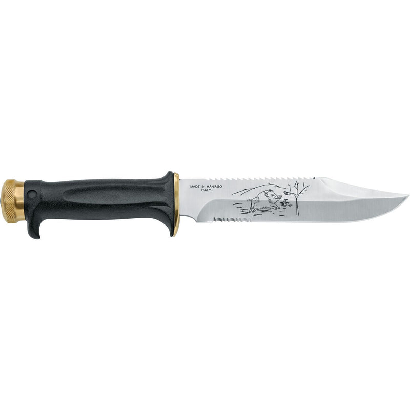 MAC Coltellerie survival knife blade detail showing deer engraving and "Made in Maniago" marking on stainless steel