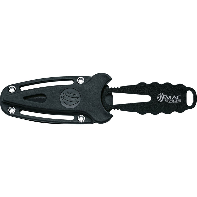 MAC Coltellerie tactical knife with black serrated blade in black tactical sheath with mounting system