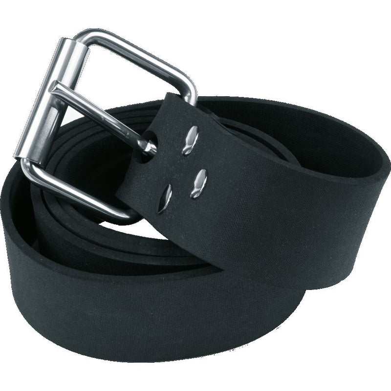 MAC Coltellerie tactical belt with silver rectangular buckle and black leather strap with multiple holes