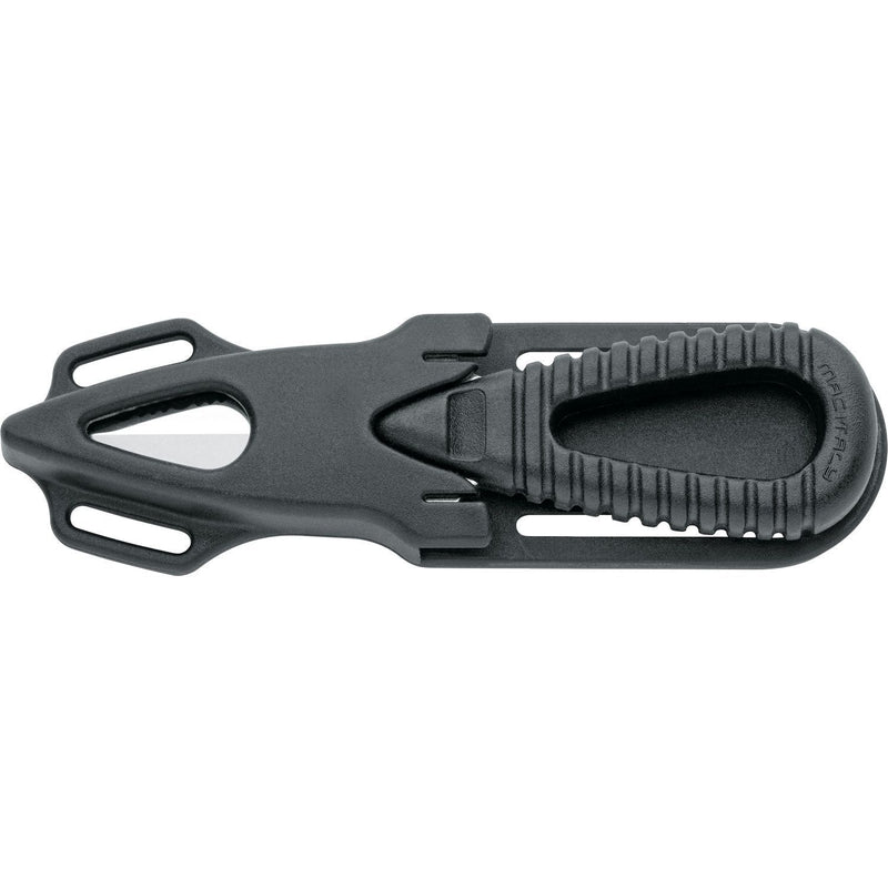 MAC Coltellerie MRS06RAN diving knife back view showing tactical black handle design with attachment points