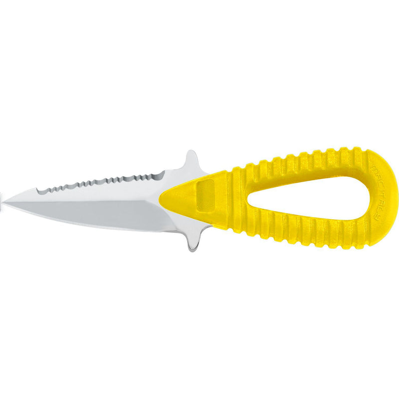 MAC Coltellerie diving knife with stainless steel blade and yellow ergonomic handle with textured grip