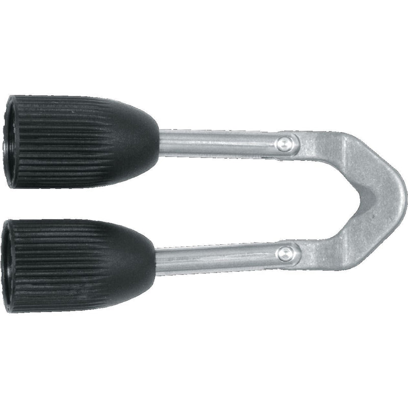 U-shaped knife sharpening guide with black rubber grips and metal frame