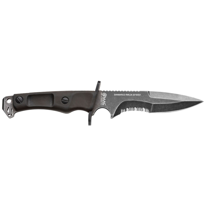 MAC Coltellerie tactical knife with black handle and serrated blade edge