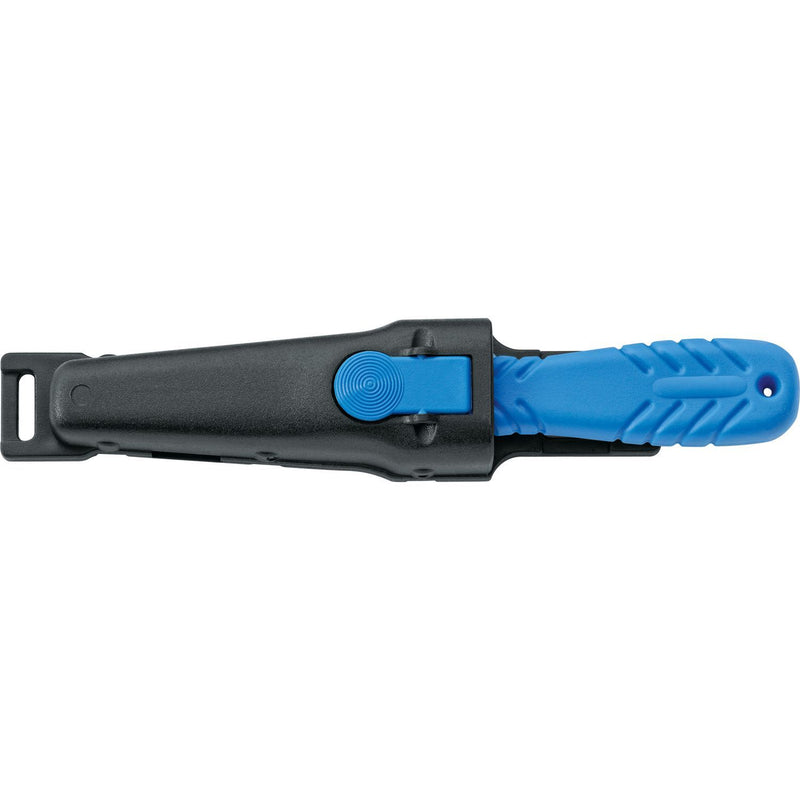 MAC Coltellerie diving knife in black protective sheath with blue accent button and blue textured handle