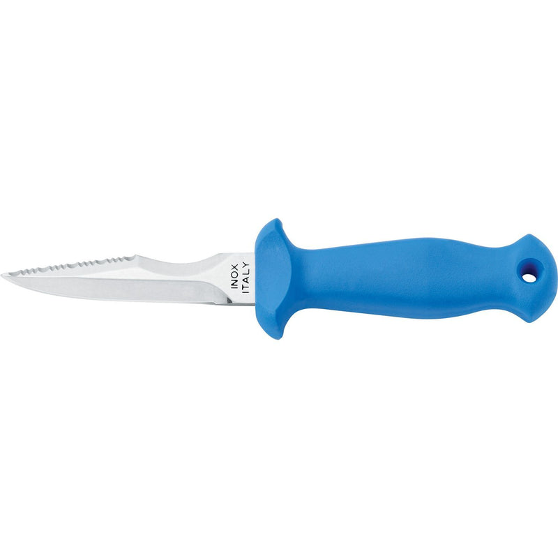 MAC Coltellerie blue handled diving knife with serrated stainless steel blade and lanyard hole