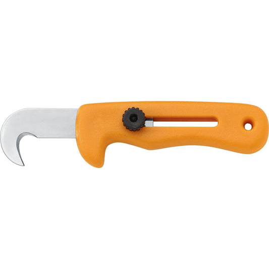 Orange handled linoleum knife with hooked blade by MAC Coltellerie - professional cutting tool