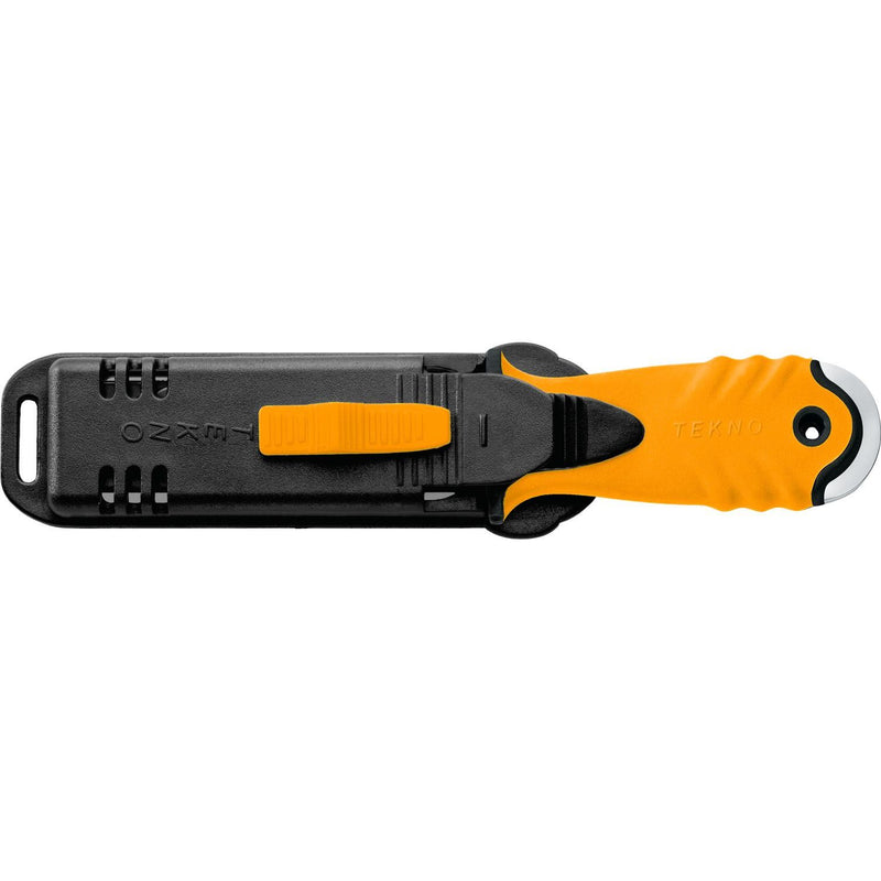 MAC Coltellerie TEKNO knife with orange handle shown with black OZAR tactical sheath