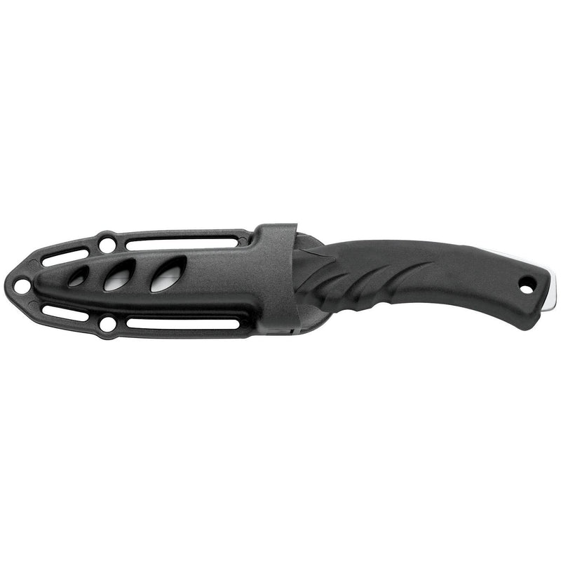 MAC Coltellerie diving knife with serrated blade in black protective sheath with secure mounting system