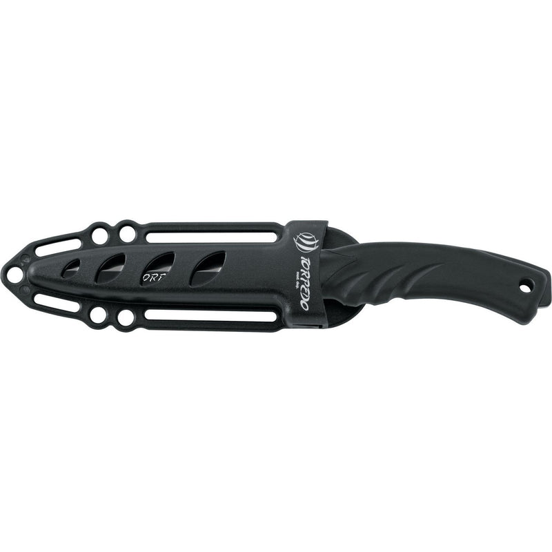 MAC Coltellerie diving knife in black tactical sheath with multiple attachment points and drainage system