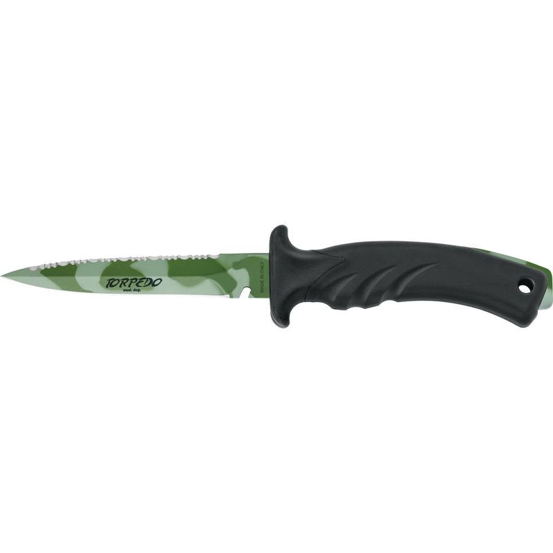 MAC Coltellerie TORPEDO fixed blade knife with green serrated edge and black ergonomic handle
