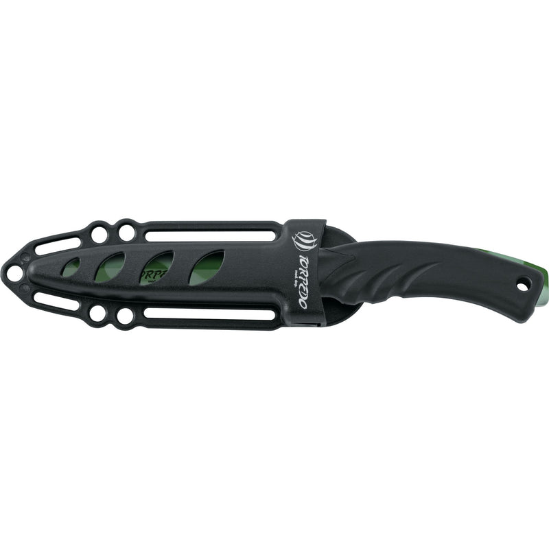 MAC Coltellerie TORPEDO knife with black tactical sheath showing green blade visibility through cutouts