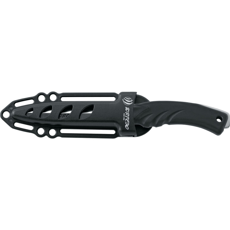 MAC Coltellerie Torpedo knife in black protective sheath with multiple drainage holes and secure belt attachment