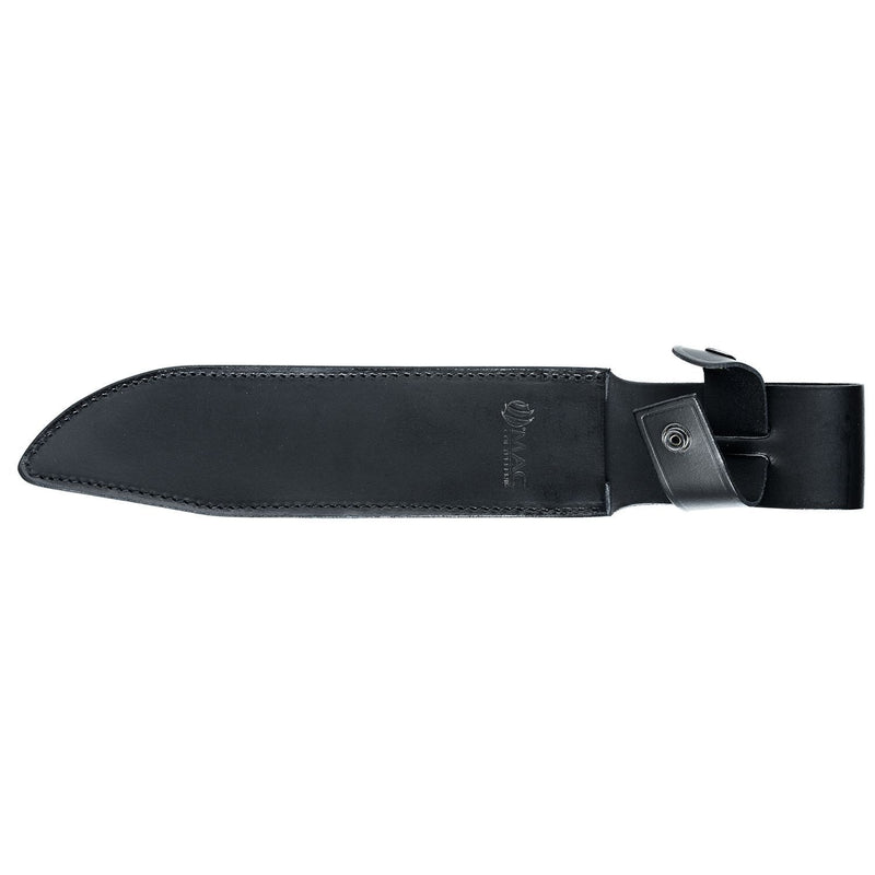 Black leather knife sheath with belt loop and snap closure for MAC Coltellerie tactical knife