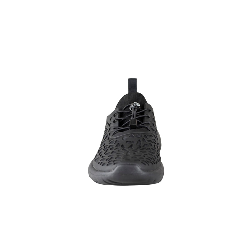 Crosskix Tetra Night shoe front view highlighting the perforated black upper design and rounded toe construction