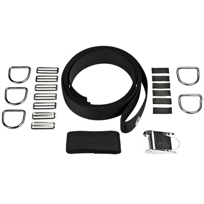 XDEEP Classic Old School Harness Set with Webbing, 5 D-Rings, Tri-Gliders, and Crotch Strap â laid flat rear view without backplate