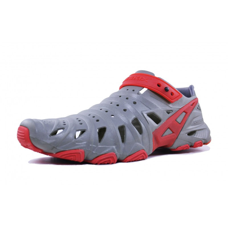 Crosskix 2.0 Red Dawn water shoe angled side view showcasing the slip-on design with red heel strap and ventilation system