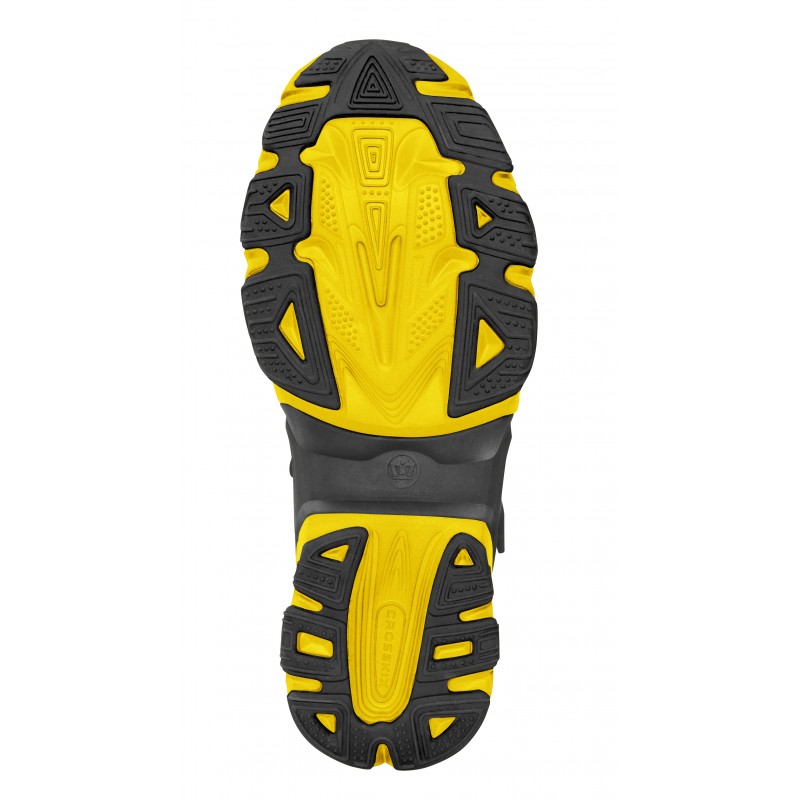Crosskix 2.0 Yellowjacket water shoe sole view showing black and yellow outsole with geometric tread pattern and grip zones