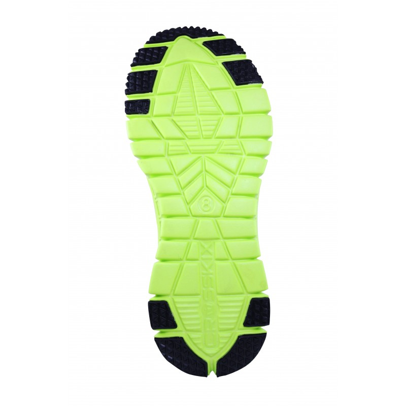 Crosskix APX Charcoal Lime shoe bottom sole view showcasing the bright green flexible outsole with black traction pods and geometric tread pattern