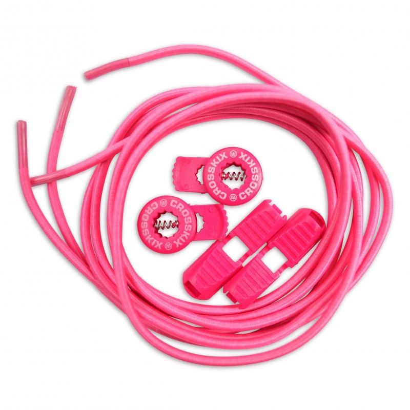 Crosskix Elasti-Laces Set in pink featuring elastic shoelaces with two circular branded end caps displaying the Crosskix logo, coiled and ready for use