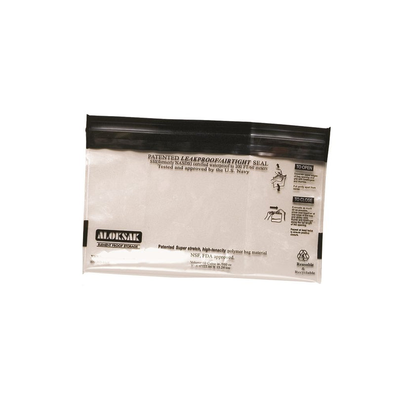 ALOKSAK waterproof storage bag back label showing patented leakproof airtight seal specifications and certifications