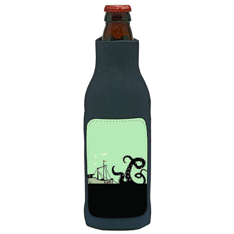 Innovate Scuba Concepts black neoprene bottle koozie featuring white diving mask and crossed speargun design - perfect for scuba diving enthusiasts