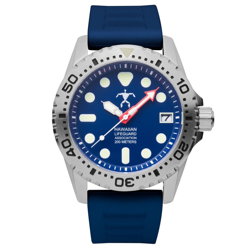 Hawaiian Lifeguard 42mm Steel Dive Watch with Black Dial and Blue Strap