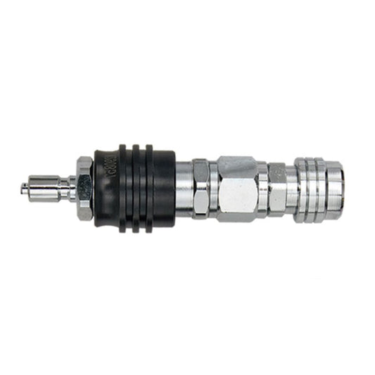 Innovate Scuba Concepts inline regulator or valve assembly with black and chrome components for scuba gear connections