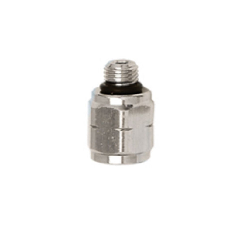 Innovate Scuba Concepts threaded coupling with black O-ring seal and chrome finish for diving equipment assembly