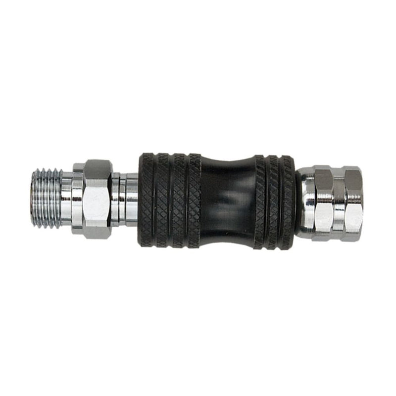 Innovate Scuba Concepts extended quick disconnect coupling with black protective sleeve and dual stainless steel connectors