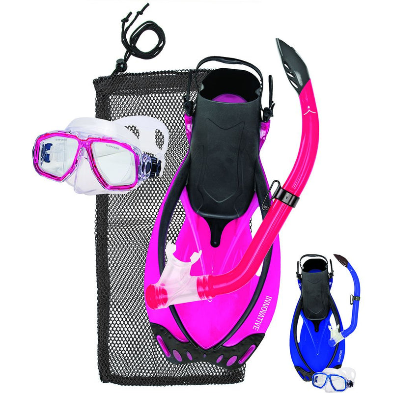 Pink junior mask, fins and snorkel complete set with mesh bag, plus blue set shown smaller by Innovative Scuba Concepts