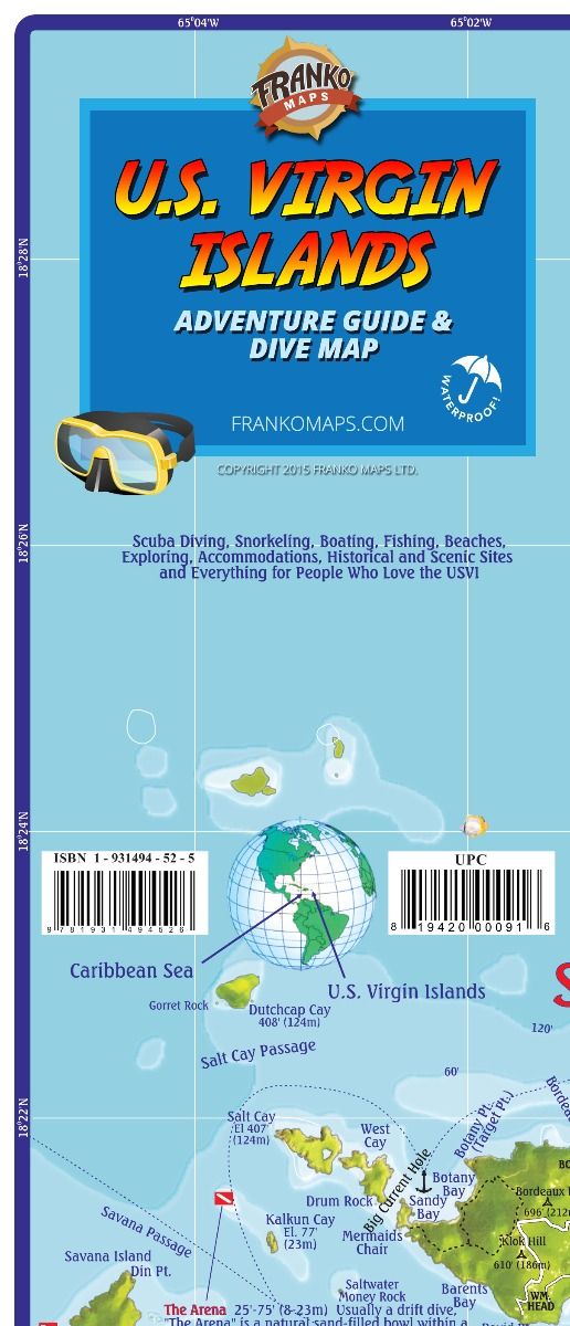 U.S. Virgin Islands Adventure Guide & Dive Map waterproof guide featuring scuba diving, snorkeling, boating, fishing locations with detailed island maps and marine information