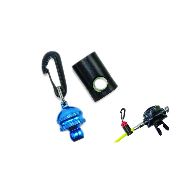 Collection of dive accessories including blue carabiner attachment, black flashlight, and regulator components