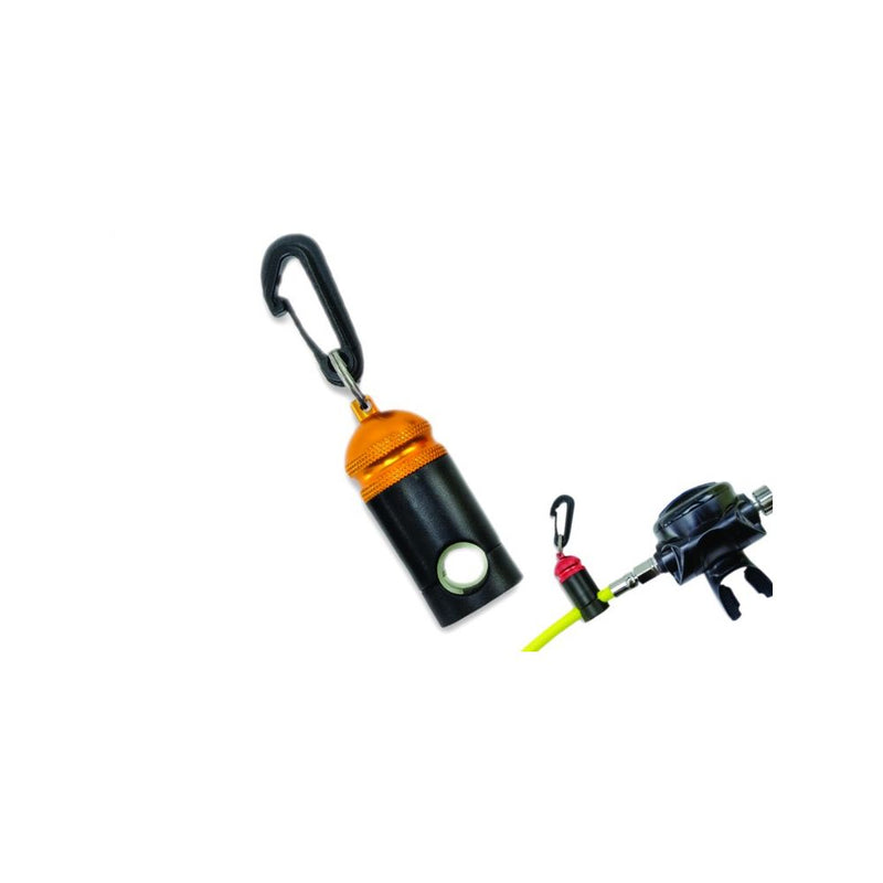 Orange and black dive flashlight with carabiner clip alongside dive regulator with yellow hose