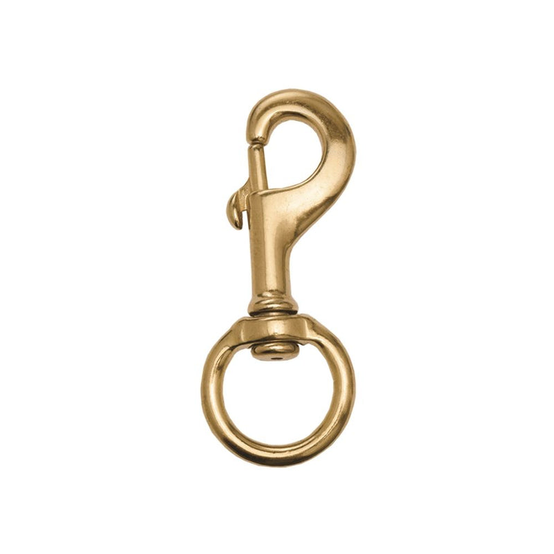 Brass swivel snap hook with spring-loaded gate and rotating ring attachment point for marine and diving applications