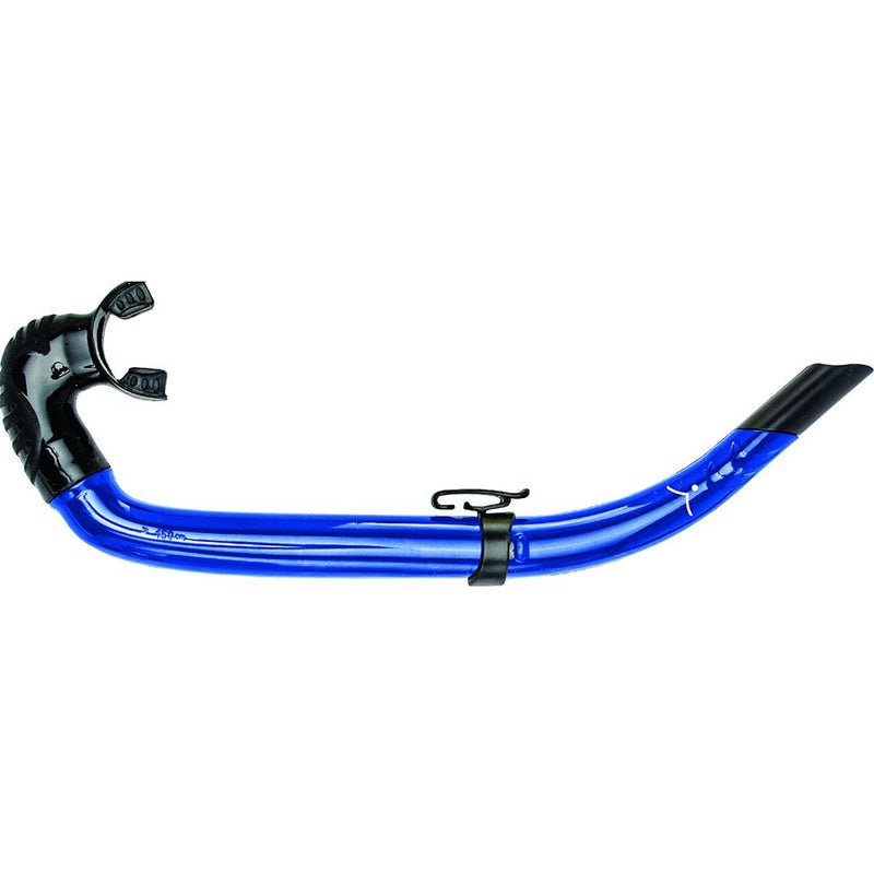 Blue curved snorkel tube with black mouthpiece and clip attachment by Innovative Scuba Concepts