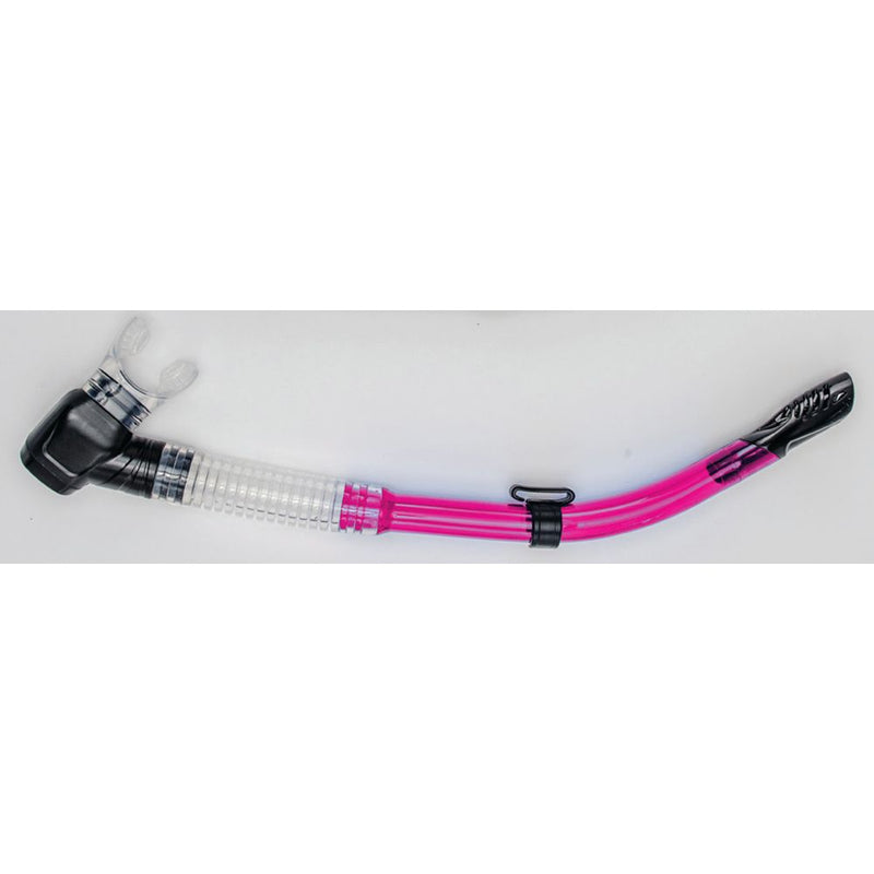 Pink and clear semi-dry snorkel with black mouthpiece and purge valve by Innovative Scuba Concepts