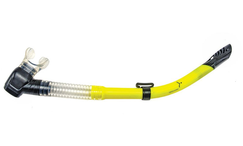 Yellow curved snorkel tube with clear corrugated section and black mouthpiece by Innovative Scuba Concepts