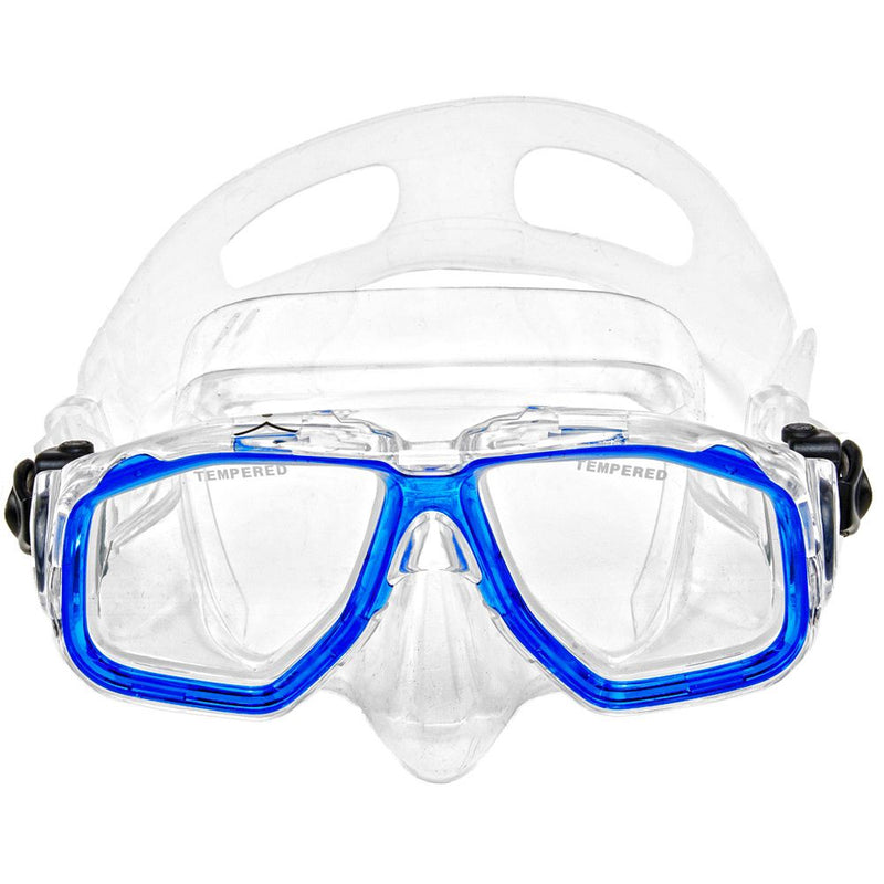 Innovative Scuba Concepts diving mask with blue frame, clear lens and comfortable fit design