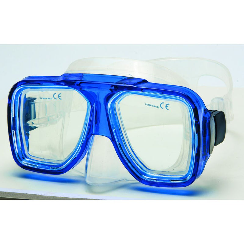 Innovative Scuba Concepts diving mask in bright blue with clear tempered glass lenses and comfortable skirt