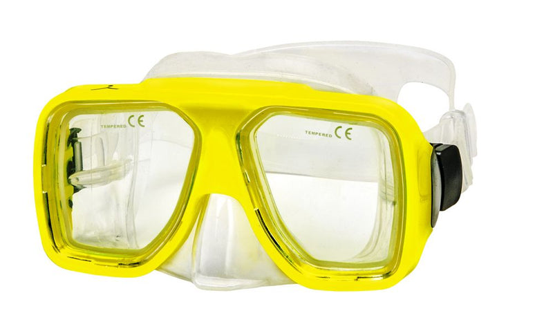 Innovative Scuba Concepts diving mask in bright yellow with clear tempered glass lenses and ergonomic design