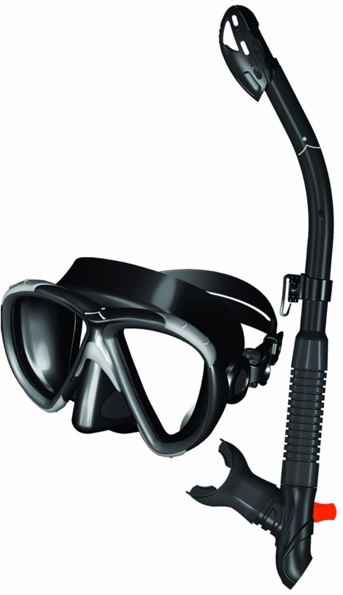 Black diving mask and snorkel set with curved snorkel tube by Innovative Scuba Concepts