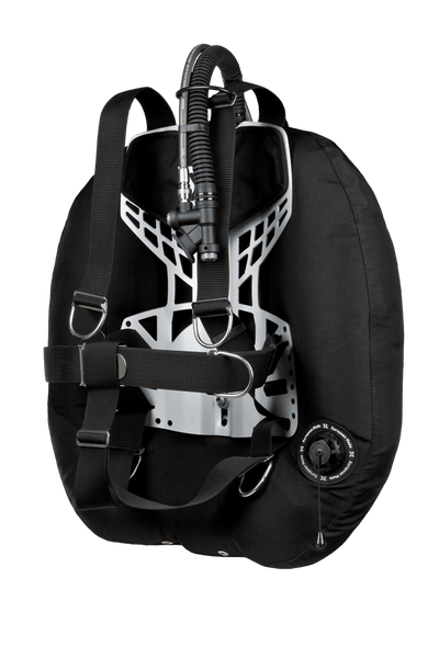 XDEEP NX PROJECT â rear view of twin-tank BCD with aluminum backplate and full DIR harness